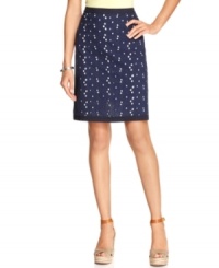 A sleek petite pencil silhouette is made summer-ready with eyelet embroidery on crisp cotton, by Jones New York Signature. (Clearance) A sleek petite pencil silhouette is made summer-ready with eyelet embroidery on crisp cotton, by Jones New York Signature. (Clearance)