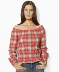 Lauren by Ralph Lauren's soft woven cotton petite top channels western inspiration with a faded plaid pattern and smocked detailing. Lauren by Ralph Lauren's soft woven cotton petite top channels western inspiration with a faded plaid pattern and smocked detailing.