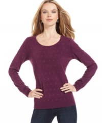 Rhinestone embellishments put a shiny spin on this petite sweater from Debbie Morgan! Rhinestone embellishments put a shiny spin on this petite sweater from Debbie Morgan!