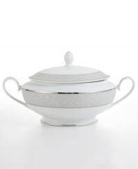 Keep casseroles and other sides warm with this covered casserole dish. With a soft gray border embellished by an intricate scroll design, offset by twin bands of platinum. From Mikasa's dinnerware and dishes collection. Keep casseroles and other sides warm with this covered casserole dish. With a soft gray border embellished by an intricate scroll design, offset by twin bands of platinum. From Mikasa's dinnerware and dishes collection.