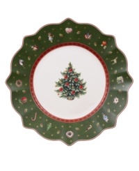 Play up the fun with this Toy's Delight salad plate from Villeroy & Boch. Fine porcelain in a playfully ruffled shape is trimmed with intricate patterns, classic toys and festive decorations to create a magical holiday setting.