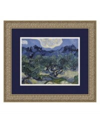 Vincent Van Gogh's dreamy vision of olive trees is realized in vibrant blues and greens. Scrolling vines embossed in the antique silver frame echo the artist's curvy, twisting forms. Vincent Van Gogh's dreamy vision of olive trees is realized in vibrant blues and greens. Scrolling vines embossed in the antique silver frame echo the artist's curvy, twisting forms.