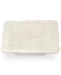 With embossed lilies and golden leaves, Portmeirion's decorated Fleur de Lys salad bowl sets tables in the French tradition. Squared, scalloped stoneware in warm ivory lends distinct old-world elegance to everyday dining. With embossed lilies and golden leaves, Portmeirion's decorated Fleur de Lys salad bowl sets tables in the French tradition. Squared, scalloped stoneware in warm ivory lends distinct old-world elegance to everyday dining.