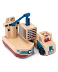 The container ship is pulling into port. Time to unload the cargo! Children can help the captain and driver lift the cargo box, swivel the crane and load the truck with this multi-vehicle play set. Each high-quality piece offers tremendous play value - from the container ship with its lift-and-swivel crane, to the tough truck with smooth-rolling wheels, to the easy-hitch container box that slides open and closed. The container ship is pulling into port. Time to unload the cargo! Children can help the captain and driver lift the cargo box, swivel the crane and load the truck with this multi-vehicle play set. Each high-quality piece offers tremendous play value - from the container ship with its lift-and-swivel crane, to the tough truck with smooth-rolling wheels, to the easy-hitch container box that slides open and closed.