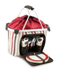 Made of lightweight polyester with an expandable, drawstring top and tons of storage space, the Melrose picnic basket means you can feast your way through ball games and beach trips with ease. An exterior pocket comes stocked with service for four. In two stylish colorways. Made of lightweight polyester with an expandable, drawstring top and tons of storage space, the Melrose picnic basket means you can feast your way through ball games and beach trips with ease. An exterior pocket comes stocked with service for four. In two stylish colorways.