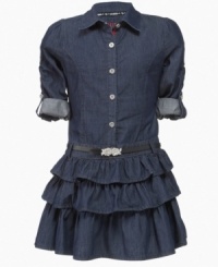 Blue jean baby. She can add a sweet, all-American style to her wardrobe with this dainty denim dress from Guess. Blue jean baby. She can add a sweet, all-American style to her wardrobe with this dainty denim dress from Guess.