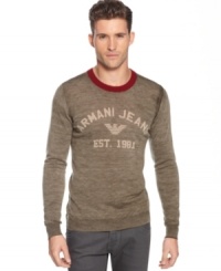Is it a sweater? Or a logo tee? Armani Jeans makes this pullover in a heathered wool knit as lightweight and easy to wear as a T-shirt. Is it a sweater? Or a logo tee? Armani Jeans makes this pullover in a heathered wool knit as lightweight and easy to wear as a T-shirt.