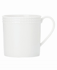 Dine with Wickford dinnerware and tie in timeless sophistication with every meal. This versatile white porcelain mug has a contemporary cylinder shape embossed around the rim with a twisting rope design. Dine with Wickford dinnerware and tie in timeless sophistication with every meal. This versatile white porcelain mug has a contemporary cylinder shape embossed around the rim with a twisting rope design.