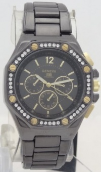 Geneva Quartz Knox Chronograph-style Look Two Tone Black N Gold Case Rhonestone Bezel Geneva Quartz Knox Chronograph-style Look Two Tone Black N Gold Case Rhonestone Bezel