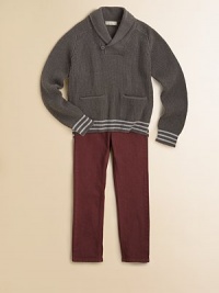 He'll look smart and sophisticated in this chunky pullover with fresh striped details.V-neck with button closureLong sleeves with ribbed cuffsFront slash pocketsRibbed hem with side vents80% merino wool/20% polyamideMachine washImported He'll look smart and sophisticated in this chunky pullover with fresh striped details.V-neck with button closureLong sleeves with ribbed cuffsFront slash pocketsRibbed hem with side vents80% merino wool/20% polyamideMachine washImported