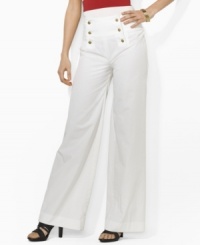 Lauren by Ralph Lauren's ever-classic yet always stylish sailor pant channels breezy, summery appeal with a flowy, wide-leg silhouette of lightweight cotton twill. Lauren by Ralph Lauren's ever-classic yet always stylish sailor pant channels breezy, summery appeal with a flowy, wide-leg silhouette of lightweight cotton twill.
