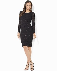 Delicate lace and shimmering sequins beautifully compliment one another on a scene-stealing evening dress constructed for a flattering, feminine fit. Delicate lace and shimmering sequins beautifully compliment one another on a scene-stealing evening dress constructed for a flattering, feminine fit.