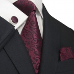 Landisun 30C Burgundy Black Paisleys Mens Silk Tie Set: Tie+Hanky+Cufflinks