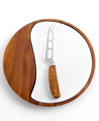 Balancing the natural beauty of acacia wood with bright white ceramic, this cheese cutting board is a stylish entertaining staple. From The Cellar serveware, this collection of cheese boards comes with a wood-handled knife.