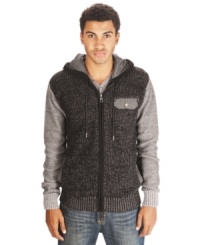 This two-tone knit hoodie by Marc Ecko Cut & Sew will have you snuggled up style. This two-tone knit hoodie by Marc Ecko Cut & Sew will have you snuggled up style.