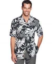 Embrace the tropical-inspired lifestyle with Cubavera's boldly printed short-sleeved shirt. Embrace the tropical-inspired lifestyle with Cubavera's boldly printed short-sleeved shirt.