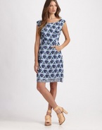 A vibrant, geometric print highlights this sculpted silk sheath with a chic scoopback.BoatneckCap sleevesHigh waistPrincess seamsScoopbackSide zipperAbout 22 from natural waistSilkDry cleanImportedModel shown is 5'9 (175cm) wearing US size 4.