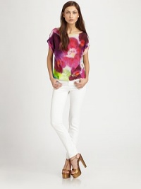Lush watercolor florals are the focus of this vibrant silk top styled with slouchy rolled sleeves.BoatneckDropped shouldersShort sleevesPullover styleAbout 22 from shoulder to hem96% silk/4% spandexDry cleanImportedModel shown is 5'10 (177cm) wearing US size Small. Lush watercolor florals are the focus of this vibrant silk top styled with slouchy rolled sleeves.BoatneckDropped shouldersShort sleevesPullover styleAbout 22 from shoulder to hem96% silk/4% spandexDry cleanImportedModel shown is 5'10 (177cm) wearing US size Small.