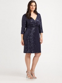 A stylishly sequin, jersey design with waist-flattering gathered details for an enviable look.V-neckThree-quarter sleevesAllover sequinsGathered waistBack zipperFully linedAbout 24 from natural waist94% polyester/6% spandexDry cleanImported A stylishly sequin, jersey design with waist-flattering gathered details for an enviable look.V-neckThree-quarter sleevesAllover sequinsGathered waistBack zipperFully linedAbout 24 from natural waist94% polyester/6% spandexDry cleanImported