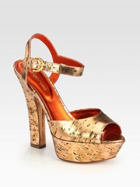 Light-catching summer staple crafted of metallic-coated cork, resting on a sky-high heel and platform. Self-covered heel, 5½ (140mm)Covered platform, 1½ (40mm)Compares to a 4 heel (100mm)Metallic-coated cork upperAdjustable ankle strapLeather lining and solePadded insoleMade in Italy Light-catching summer staple crafted of metallic-coated cork, resting on a sky-high heel and platform. Self-covered heel, 5½ (140mm)Covered platform, 1½ (40mm)Compares to a 4 heel (100mm)Metallic-coated cork upperAdjustable ankle strapLeather lining and solePadded insoleMade in Italy