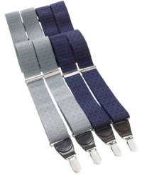 Contrasting embroidered accents and polished metal clasps add subtle elegance to these adjustable Clube Room suspenders. Contrasting embroidered accents and polished metal clasps add subtle elegance to these adjustable Clube Room suspenders.