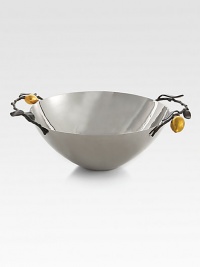 The delicate intricacy of nature unites with form and function in this gleaming stainless steel bowl accented with gilded lemons and oxidized metal handles, all crafted by one of America's premier metalwork artists.From the Lemonwood CollectionStainless steel/oxidized/gold-plated5¾H X 13¼ diam.Hand washImported