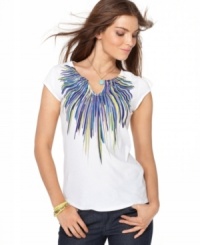 A starburst of colors brings out the beauty of Calvin Klein Jeans' essential cap-sleeve petite tee. A split neckline makes a dramatic detail. A starburst of colors brings out the beauty of Calvin Klein Jeans' essential cap-sleeve petite tee. A split neckline makes a dramatic detail.