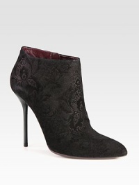 Classic point toe silhouette of suede with a brocade design. Lacquered heel, 4½ (115mm)Suede upperPoint toeSide zipLeather lining and solePadded insoleMade in ItalyOUR FIT MODEL RECOMMENDS ordering true size. Classic point toe silhouette of suede with a brocade design. Lacquered heel, 4½ (115mm)Suede upperPoint toeSide zipLeather lining and solePadded insoleMade in ItalyOUR FIT MODEL RECOMMENDS ordering true size.