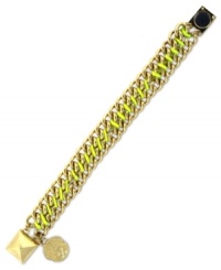 Wrap your wrists in colorful chic. Vince Camuto's chain bracelet flaunts a bright yellow cord intertwined in the links. Finished with a pyramid stud magnetic closure. Crafted in gold tone mixed metal. Approximate length: 8 inches. Wrap your wrists in colorful chic. Vince Camuto's chain bracelet flaunts a bright yellow cord intertwined in the links. Finished with a pyramid stud magnetic closure. Crafted in gold tone mixed metal. Approximate length: 8 inches.