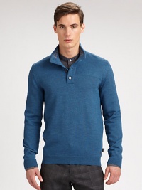 Extra fine merino wool is effortlessly shaped into a modern mockneck pullover detailed with a herringbone tap at interior collar and leather logo patch above the hem.MockneckButtoned placketRibbed knit cuffs and hemWoolDry cleanImported Extra fine merino wool is effortlessly shaped into a modern mockneck pullover detailed with a herringbone tap at interior collar and leather logo patch above the hem.MockneckButtoned placketRibbed knit cuffs and hemWoolDry cleanImported