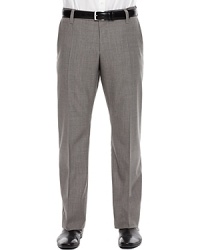 Flat front dress pants with two trouser pockets. Wool blend. Two welt pockets on back. Zip fly and hook closure. Flat front dress pants with two trouser pockets. Wool blend. Two welt pockets on back. Zip fly and hook closure.