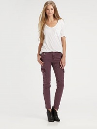 Skinny interpretation of the classic, stretch-cotton cargo style, finished with zippered pockets and cuffs. THE FITMedium rise, about 8Inseam, about 28THE DETAILSZip flyZippered slash pockets; cargo pocketsBack besom pocketsZippered cuffs98% cotton/2% LycraMachine washMade in USA of imported fabricModel shown is 5'11 (178cm) wearing US size 4. Skinny interpretation of the classic, stretch-cotton cargo style, finished with zippered pockets and cuffs. THE FITMedium rise, about 8Inseam, about 28THE DETAILSZip flyZippered slash pockets; cargo pocketsBack besom pocketsZippered cuffs98% cotton/2% LycraMachine washMade in USA of imported fabricModel shown is 5'11 (178cm) wearing US size 4.