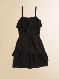 Large ruffles adorn the A-line silhouette of this LBD for your little girl.Ruffled scoopneckSleevelessPullover styleElastic waistFull skirt100% rayonHand washMade in USA Large ruffles adorn the A-line silhouette of this LBD for your little girl.Ruffled scoopneckSleevelessPullover styleElastic waistFull skirt100% rayonHand washMade in USA