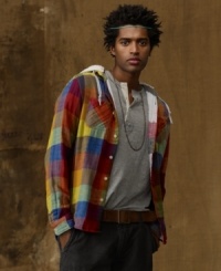 Blending the rugged look of workwear classics with the casual comfort of fleece, this hooded workshirt in bright plaid flannel gives any ensemble a dose of '90s grunge. Blending the rugged look of workwear classics with the casual comfort of fleece, this hooded workshirt in bright plaid flannel gives any ensemble a dose of '90s grunge.