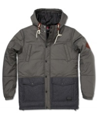 BBrrr! It may be chilly and raining outside but Quiksilver has you covered from both sides in this warm and water resistant puffy jacket. BBrrr! It may be chilly and raining outside but Quiksilver has you covered from both sides in this warm and water resistant puffy jacket.