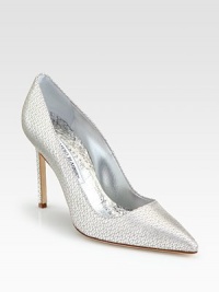 Glistening mesh adds textural appeal to this point toe pump in luxurious metallic leather. Self-covered heel, 4 (100mm)Metallic leather upper with mesh overlayPoint toeLeather lining and solePadded insoleMade in Italy Glistening mesh adds textural appeal to this point toe pump in luxurious metallic leather. Self-covered heel, 4 (100mm)Metallic leather upper with mesh overlayPoint toeLeather lining and solePadded insoleMade in Italy