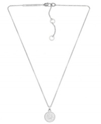 Subtle chic. Michael Kors' necklace, crafted from silver ion-plated steel, features a small concave glass pave pendant for a stylish touch. Approximate length: 16 inches + 2-inch extender. Approximate drop: 1/2 inch. Subtle chic. Michael Kors' necklace, crafted from silver ion-plated steel, features a small concave glass pave pendant for a stylish touch. Approximate length: 16 inches + 2-inch extender. Approximate drop: 1/2 inch.