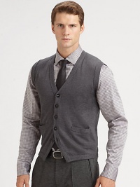 A handsome button-front vest is knit in lightweight wool for a clean, classic finish.Button-frontWaist welt pocketsWoolDry cleanImported A handsome button-front vest is knit in lightweight wool for a clean, classic finish.Button-frontWaist welt pocketsWoolDry cleanImported