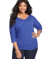 Show off your sparkle this season in Extra Touch's three-quarter-sleeve plus size top, featuring metallic stripes. Show off your sparkle this season in Extra Touch's three-quarter-sleeve plus size top, featuring metallic stripes.