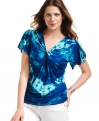 Fever's knotted stretch jersey top comes alive in a rippling tie-dye pattern inspired by the ocean. Bring out the brilliant shades of blue with crisp white denim. Fever's knotted stretch jersey top comes alive in a rippling tie-dye pattern inspired by the ocean. Bring out the brilliant shades of blue with crisp white denim.