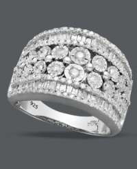 Rows of exquisite elegance. This stunning ring will turn heads with its intricate design decorated with a multitude of round and baguette-cut diamonds (1-1/4 ct. t.w.). Crafted in sterling silver. Size 7. Rows of exquisite elegance. This stunning ring will turn heads with its intricate design decorated with a multitude of round and baguette-cut diamonds (1-1/4 ct. t.w.). Crafted in sterling silver. Size 7.
