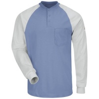 Bulwark Flame Resistant 6.25 oz Cotton Excel FR Long Sleeve Color-Block Tagless Regular Henley Shirt with Three Button Placket, Rib-Knit Cuff, Blue/Grey, Medium Bulwark Flame Resistant 6.25 oz Cotton Excel FR Long Sleeve Color-Block Tagless Regular Henley Shirt with Three Button Placket, Rib-Knit Cuff, Blue/Grey, Medium
