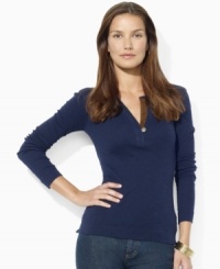 Lauren Jeans Co.'s comfortable split-neck cotton tee receives a modern upgrade from faux-suede accents at the interior and placket. Lauren Jeans Co.'s comfortable split-neck cotton tee receives a modern upgrade from faux-suede accents at the interior and placket.