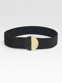 A wide, elastic design with a black and goldtone circular buckle.Width, 2Imported A wide, elastic design with a black and goldtone circular buckle.Width, 2Imported