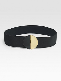 A wide, elastic design with a black and goldtone circular buckle.Width, 2Imported