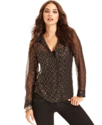 With metallic sparkles, this GUESS chiffon blouse is perfect for a high-shine soiree look! With metallic sparkles, this GUESS chiffon blouse is perfect for a high-shine soiree look!