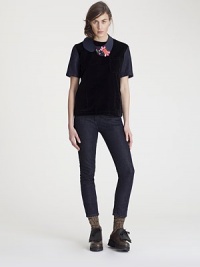 Lightweight denim in the perfect dark wash, accented with a plush, wide velvet waistband.Velvet waistbandZip fly with button closureSide slash pocketsRivet detailsBack patch pocketsSignature back patch70% cotton/30% linenDry cleanMade in Italy of imported fabricModel shown is 5'11 (180cm) wearing US size 4. Lightweight denim in the perfect dark wash, accented with a plush, wide velvet waistband.Velvet waistbandZip fly with button closureSide slash pocketsRivet detailsBack patch pocketsSignature back patch70% cotton/30% linenDry cleanMade in Italy of imported fabricModel shown is 5'11 (180cm) wearing US size 4.