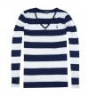 Ralph Lauren Sport Women Pima Cotton Striped Pony Logo Long Sleeve V-Neck T-Shirt (S, Navy/white)