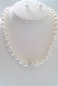 Classic White Necklace Made With Swarovski Elements Crystal Pearls and Earrings Set - 17, 10mm