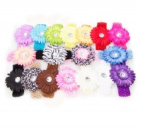 Ema Jane - Large Gerber Daisy Flower Hair Clip Bows with Soft Stretch Crochet Child Head Bands (32 Pack, 16 Flowers + 16 Headbands)